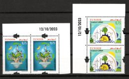 2023- Tunisia - Renewable Energies- Sun- Wind- Wind Turbine- Hands - Plants - Lamp- Pair- Compl.set 2v.MNH**Dated Corner - Protection De L'environnement & Climat