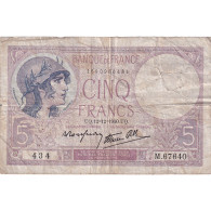 France, 5 Francs, 1937-1939, M.67640, B+, Fayette:4.17, KM:83 - 5 F 1917-1940 ''Violet''