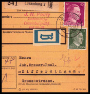 Luxemburg 1943: Paketkarte  | Besatzung, Absenderpostamt, Beutelstück | Luxemburg;Luxembourg, Differdingen;Differdange - 1940-1944 Occupation Allemande