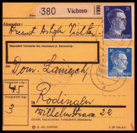 Luxemburg 1943: Paketkarte  | Besatzung, Absenderpostamt, Bezirkspostamt | Vichten;Vichten, Rodingen;Petange - 1940-1944 Occupation Allemande