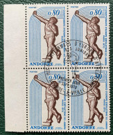 French Andorra 1970 Mi# 225 Used - Block Of 4 - 1st European Junior Athletic Championships / Shot Put - Gebruikt