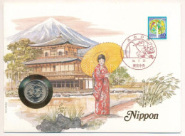 Japán 1981. 100Y Cu-Ni Felbélyegzett Borítékban, Bélyegzéssel, Német Nyelvű Leírással T:UNC Japan 1981. 100 Yen Cu-Ni In - Unclassified
