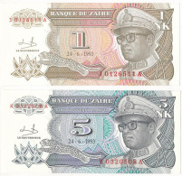 Zaire 1993. 1NZ + 5NZ T:UNC  Zaire 1993. 1 Nouveau Zaire + 5 Nouveau Zaire C:UNC - Zonder Classificatie