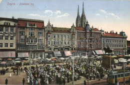 T2 1914 Zagreb, Zágráb; Jelacicev Trg / Jellasics Tér, Villamos "Bensdorp Cacao" Kakaó Reklámmal, Piaci árusok, Bank, üz - Unclassified