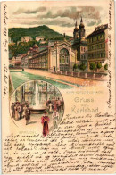 T2 1899 Karlovy Vary, Karlsbad; Sprudelcolonnade, Sprudel / Fountain. Litho - Ohne Zuordnung