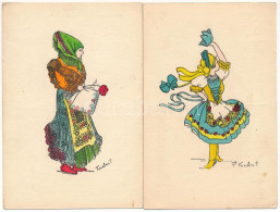 ** 2 Db RÉGI Magyar Népviseletes Folklór Művészlap, Tauber Szignóval / 2 Pre-1945 Hungarian Folklore Art Postcards, Sign - Unclassified