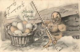 T2 Fröhliche Ostern / Easter, Chicken With Flag, Litho - Ohne Zuordnung