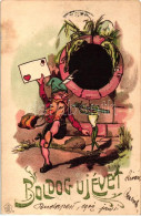 T2/T3 1901 Boldog Újévet! / New Year Greeting Card. Dwarf With Frog Playing On The Flute. Emb. Litho (EM) - Ohne Zuordnung