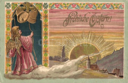 * T2/T3 Fröhliche Ostern! / Easter Greeting Art Postcard, Angel With Bells. Golden Art Nouveau Emb. Litho (Rb) - Unclassified