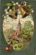 T2/T3 Húsvéti üdvözlet! / Easter Greeting Card With Chicken, Bells, Church. Emb. Golden Decorated Litho (EK) - Unclassified