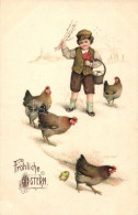 T2/T3 'Fröhliche Ostern' / Easter, Child With Chicken, Litho (EK) - Ohne Zuordnung