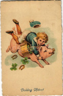 T2/T3 1929 Boldog újévet! Malacon Lovagló Kisfiú / New Year Greeting, Boy Riding On A Pig (EK) - Ohne Zuordnung