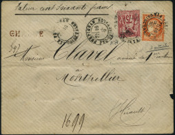 Lettre N° 38d. 40c Variété 4 Large + 75c Sage (N° 71) S/L. Chargée (cachet De Chargement Au Verso) Pour Montpellier, Arr - Autres & Non Classés