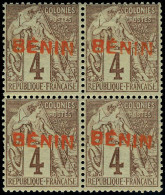 Neuf Sans Charnière N° 3A, 4c Brun-lilas Sur Gris, Surch. Benin En Rouge Type IV, Non-émis, Boc De 4, TB, Signé Calves - Autres & Non Classés