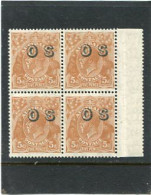 AUSTRALIA - 1932   5d  KING HEAD  BROWN OVERPRINTED  OS  BLOCK OF 4  MINT NH   SG O132 - Oficiales