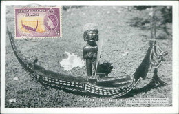 SOLOMON ISLANDS - SHELL INLAIID MODEL CANOE FROM SAN CRISTOVAL AND FIGURE FROM ROVIANA - MAXIMUM CARD - 1950s (16640) - Islas Salomon