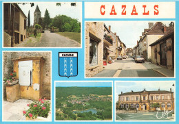 46 Cazals Vues église Rue Principale Fontaine Vue Générale Hotel De Ville Blason CPM Voiture Auto Renault 5 Peugeot 205 - Cazals