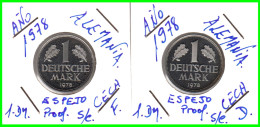 ALEMANIA - DEUTSCHLAND - GERMANY - 2 -MONEDAS DE 1.00 DM ESPIGAS Y AGUILA DEL AÑO 1977 CON LAS CECAS - F.- D - 1 Mark