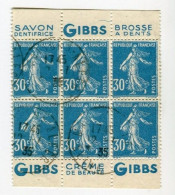 !!! 30 C SEMEUSE BLOC DE 6 AVEC BANDES PUB GIBBS OBLITERE - Used Stamps