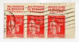 !!! 50 C PAIX T1 BANDE DE 3 AVEC BANDES PUBS LA REDOUTE OBLITEREE - Used Stamps