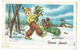 Mignonette Illustrée I Gougeon - Bonne Année - Jeune Homme Cueillant Branches Houx - Paillettes - Circulé 1964 - Gougeon