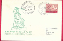 SVERIGE - FIRST REGULAR FLIGHT SAS  FROM STOCKHOLM TO WARZAWA *14.4.57* ON OFFICIAL COVER - Lettres & Documents