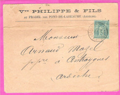 Enveloppe Commerciale De La Veuve Philippe & Fils Au Pradel Par Pont De Labeaume  Ardèche 1890 - 1800 – 1899