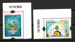 2023- Tunisia - Renewable Energies- Sun- Wind-  Wind Turbine- Hands - Plants - Lamp-  Set 2v.MNH** Dated Corner - Protection De L'environnement & Climat