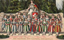 CARTE GAUFFREE, JEUNE FILLES, REPRESENTATION DES DIFFERENTS CANTONS SUISSE COULEUR  REF 11672 PAR - St. Anton