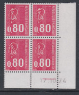 France N° 1816 XX Type Béquet : 80 C. Rouge En Bloc De 4 Coin Daté Du 17 . 10 . 74 ; 2 Traits,  3 Bdes Ph. Ss Ch., TB - 1970-1979