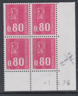 France N° 1816 XX Type Béquet : 80 C. Rouge En Bloc De 4 Coin Daté Du 1 . 4 . 76 ; 3 Bdes Ph. Ss Charnière, TB - 1970-1979