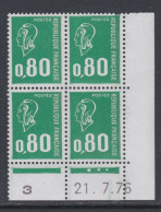 France N° 1891 XX Type Béquet : 80 C. Vert En Bloc De 4 Coin Daté Du  21 . 7 . 75; 3 Points Blancs,  Ss Charnière, TB - 1970-1979