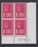 France N° 1892 XX Type Béquet : 1 F. Rouge En Bloc De 4 Coin Daté Du 24 . 6 . 76; 2 Traits,  Ss Charnière, TB - 1970-1979