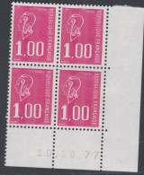 France N° 1892 XX Type Béquet : 1 F. Rouge En Bloc De 4 Coin Daté Du 10. 10 . 77; Sans Trait,  Ss Charnière, TB - 1970-1979