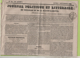 JOURNAL POLITIQUE TOULOUSE 7 09 1835 - LOI SUR LA PRESSE - BOUGIE ALGERIE TRAVAUX - COMICE AGRICOLE BORDEAUX - LOUISIANE - 1800 - 1849