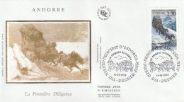 "  LA PREMIERE DILIGENCE " Sur Enveloppe 1er Jour Sur Soie D'ANDORRE De 1999. Parf état. FDC A SAISIR ! - Diligenze