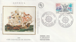 " 1507 LES CARAVELLES DE COLOMB " Sur Enveloppe 1er Jour Sur Soie D'ANDORRE De 1992. Parf état. FDC A SAISIR - Cristóbal Colón