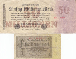 ALLEMAGNE - GERMANY - DEUTSCHLAND - 2 Billets 1 Et 50 Millions Mark 1937-1923 - Autres & Non Classés