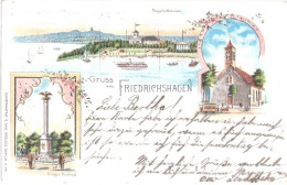 Gruss Aus FRIEDRICHSHAGEN Color Lithographie Pferdebahn Vor Der Kirche Kriegerdenkmal Müggelschlösschen 29.9.1898 Gelauf - Koepenick
