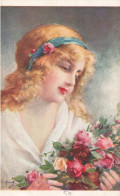 ARTS - Tableau - Portrait D'une Femme Avec Un Bouquet De Roses - Carte Postale Ancienne - Peintures & Tableaux