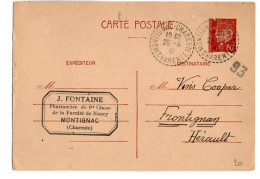 TB 4417 - 1941 - Entier Postal Type PETAIN - M. J. FONTAINE Pharmacien à MONTIGNAC Pour Vins ¨ COOPER ¨ à FRONTIGNAN - Standard Postcards & Stamped On Demand (before 1995)