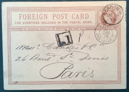 "L1" RARE LATE FEE On GB Postal Stationery Card Queen Victoria 1d/farthing LONDON1876>Paris France (levée Exceptionnelle - Brieven En Documenten