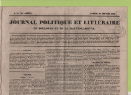 JOURNAL POLITIQUE TOULOUSE 23 01 1836 - ARCHEOLOGIE TOULOUSE ST EXUPERE BLAGNAC FOIX - COLONIES - LACENAIRE & AVRIL ... - 1800 - 1849