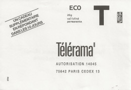 Lettre T , Télérama (revue) Eco 20g - Cartas/Sobre De Respuesta T