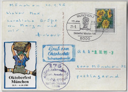 Germany Berlin 1985 Humorous  Postard Shipped In Munich Stamp Flower 60 Pfennig + Label + Postmark 175 Years Oktoberfest - Storia Postale