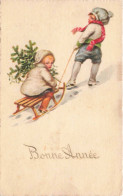 FETES ET VOEUX - Nouvel An - Le Frère Tirant Sa Sœur Sur Un Petit Traineau - Colorisé - Carte Postale Ancienne - New Year