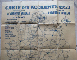 AFFICHE 50 CM X 65 CM CARTE DES ACCIDENTS 1953 DRESSÉE PAR GENDARMERIE NATIONALE . De TOURS BORDEAUX AGEN à CHATEAUROUX - Policia