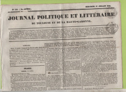 JOURNAL POLITIQUE TOULOUSE 27 07 1836 - DUEL GIRARDIN / ARMAND CARREL DECES - BOSNIE - CALAIS - VENTE OBJETS DE NAPOLEON - 1800 - 1849