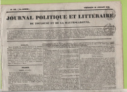 JOURNAL POLITIQUE TOULOUSE 29 07 1836 - OUDINOT - DECES ARMAND CARREL OBSEQUES - REVUE MILITAIRE - ARC DE TRIOMPHE - - 1800 - 1849