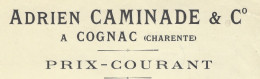 1910 ENTETE Adrien Caminade à Cognac Charente  Prix Courant  CATEGORIES FINE CHAMPAGNE  BORDERIE FINS Bois  V.SCANS - 1900 – 1949